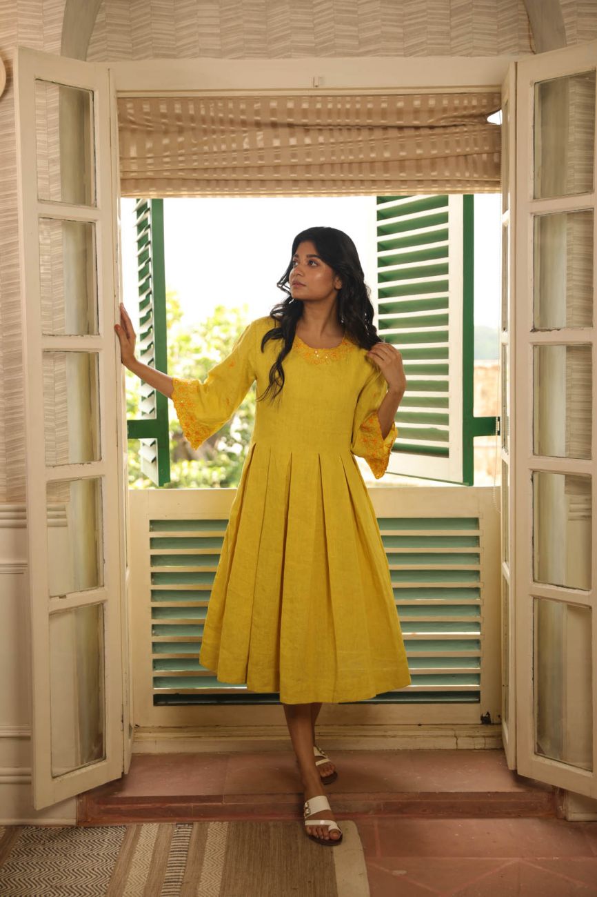 Earthy Yellow Pleated Dress