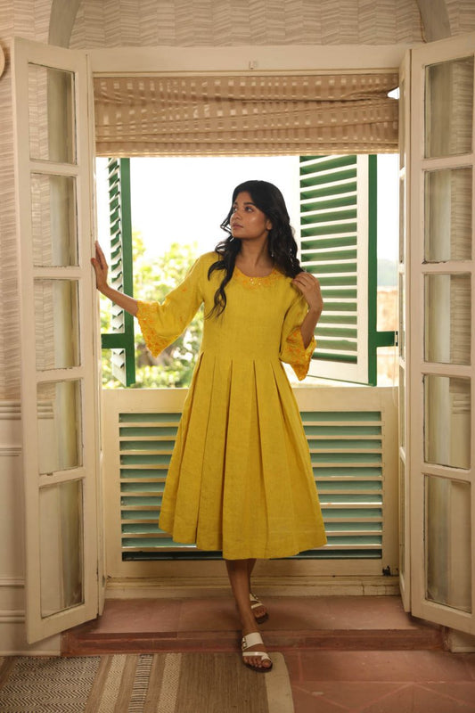 Earthy Yellow Pleated Dress