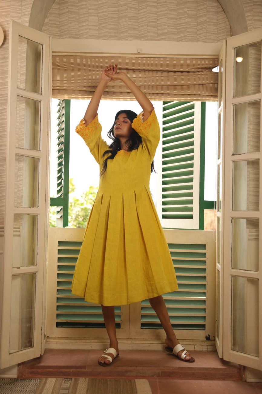 Earthy Yellow Pleated Dress