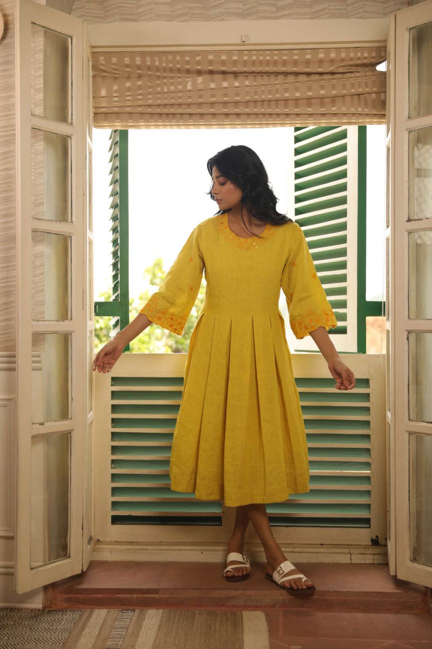 Earthy Yellow Pleated Dress