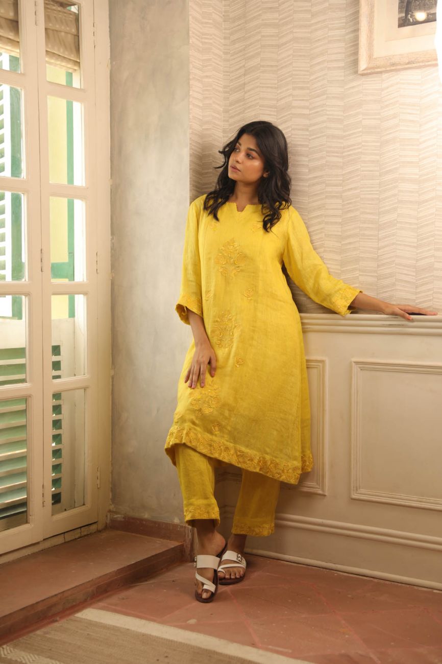 Earthy Yellow Panel Cut Kurta Set