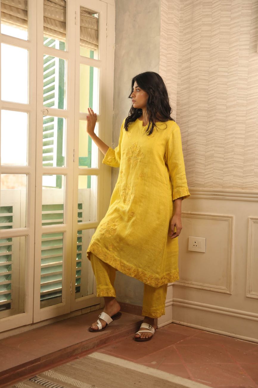 Earthy Yellow Panel Cut Kurta Set