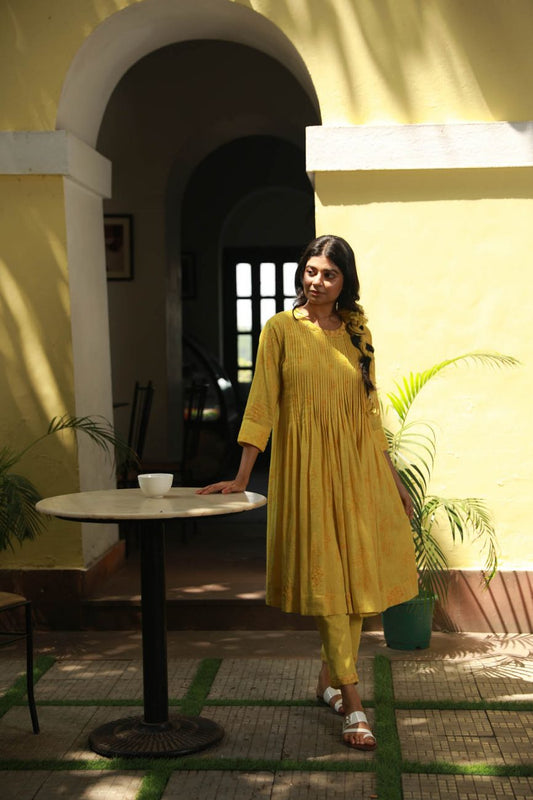 Yellow Printed Pleated Kurta Set