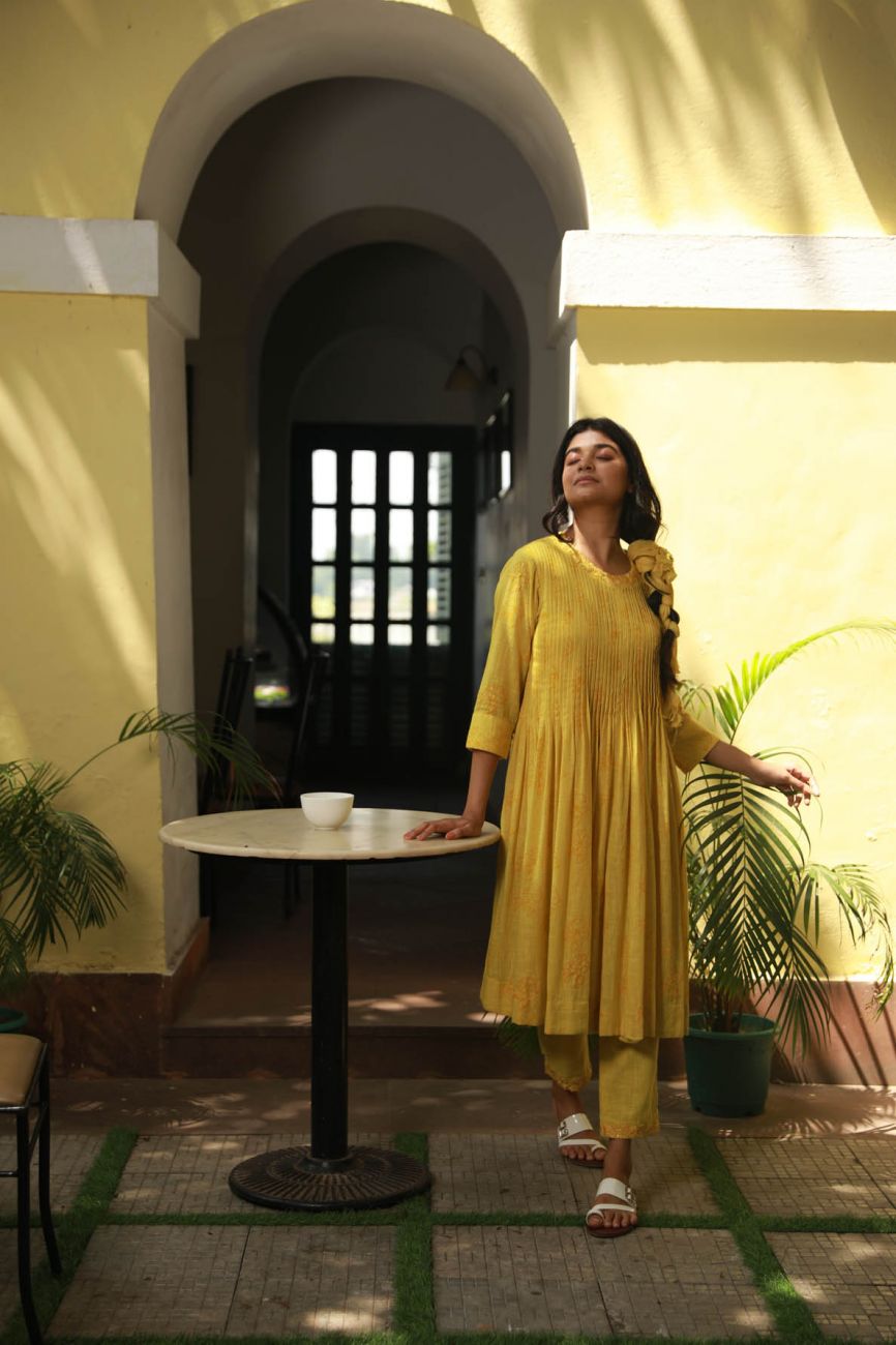 Yellow Printed Pleated Kurta Set