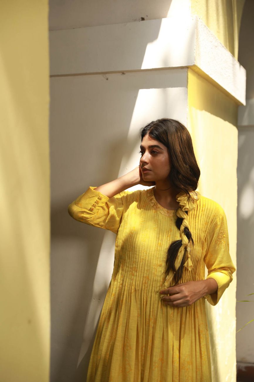 Yellow Printed Pleated Kurta Set