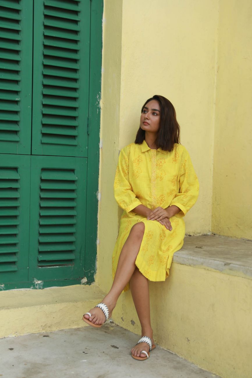 Yellow Printed Shirt Dress