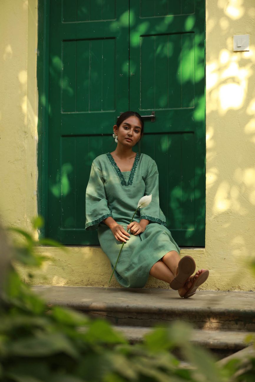 Green Side Pleated Dress