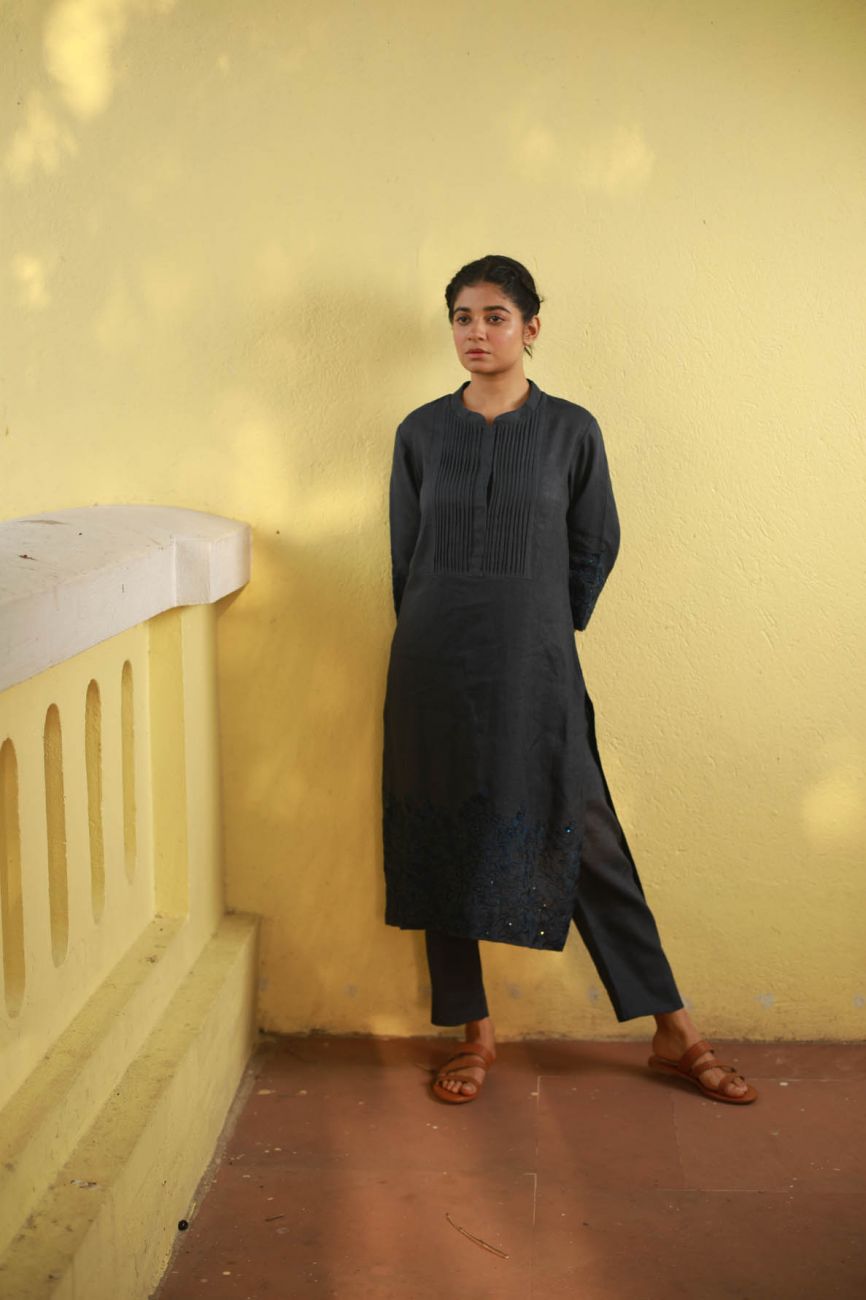 Navy Blue Pleated Kurta Set