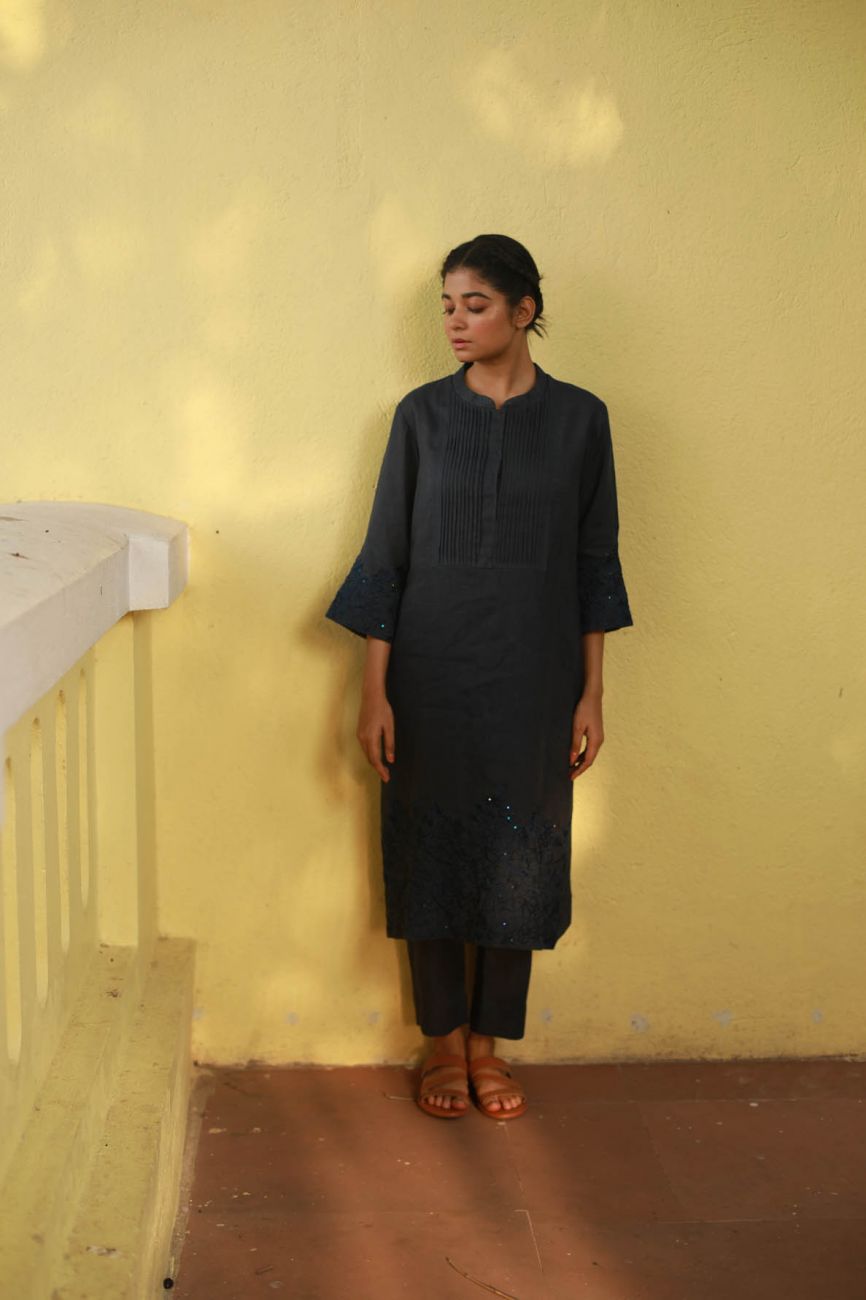 Navy Blue Pleated Kurta Set