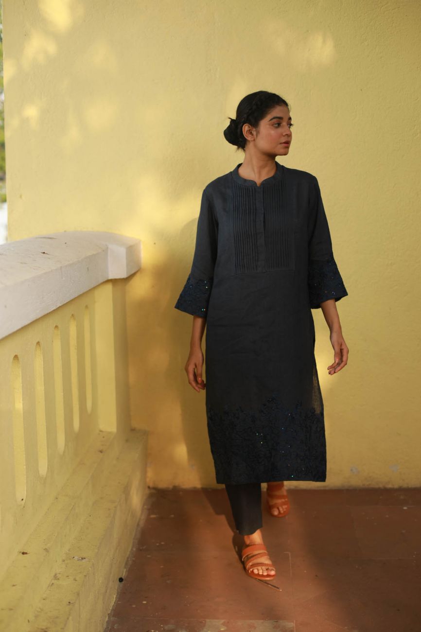 Navy Blue Pleated Kurta Set