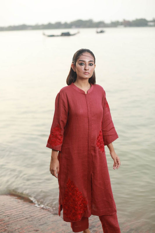 Maroon Front Slit Open Kurta Set